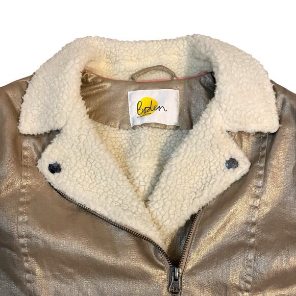 Boden Metallic Biker Jacket Moto XS Gold Sherpa Lined Zip Up Casual Preppy - Picture 2 of 9